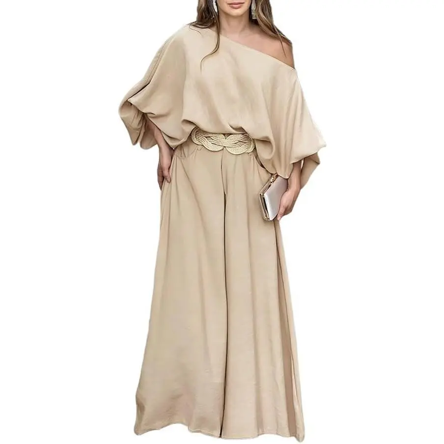 Women's 2-Piece Summer Clothes Set - Off-Shoulder Top, Flowy Wide-Leg Pants, Chic Casual Outfit for Beach, Birthday, Vacation Travel Airport, Sleeves, Lantern