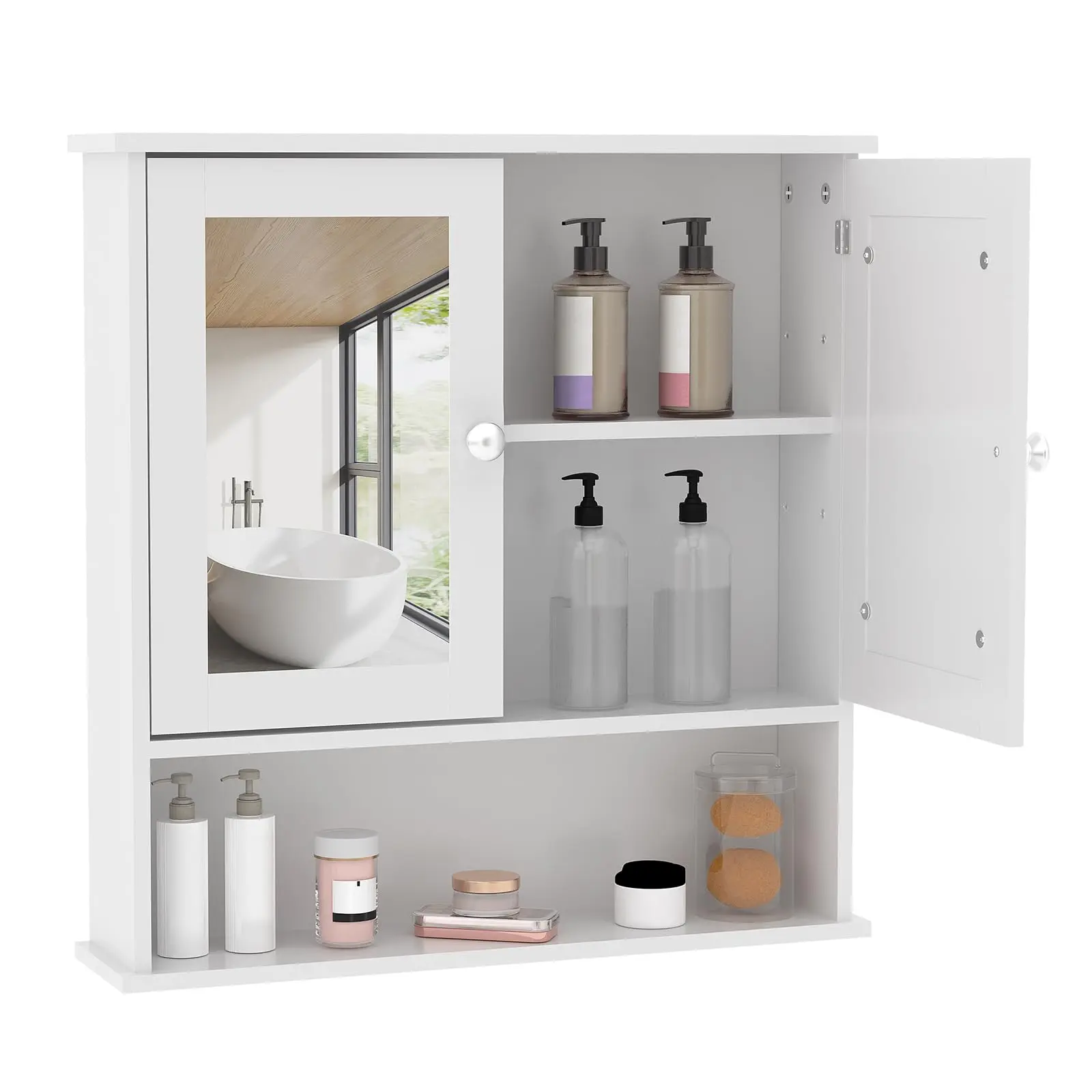 White Wall Mounted Bathroom Medicine Cabinet with Mirror – Adjustable Shelf, Open Compartment, Durable Organizer for Bathroom, Kitchen, or Laundry Room – Easy Installation