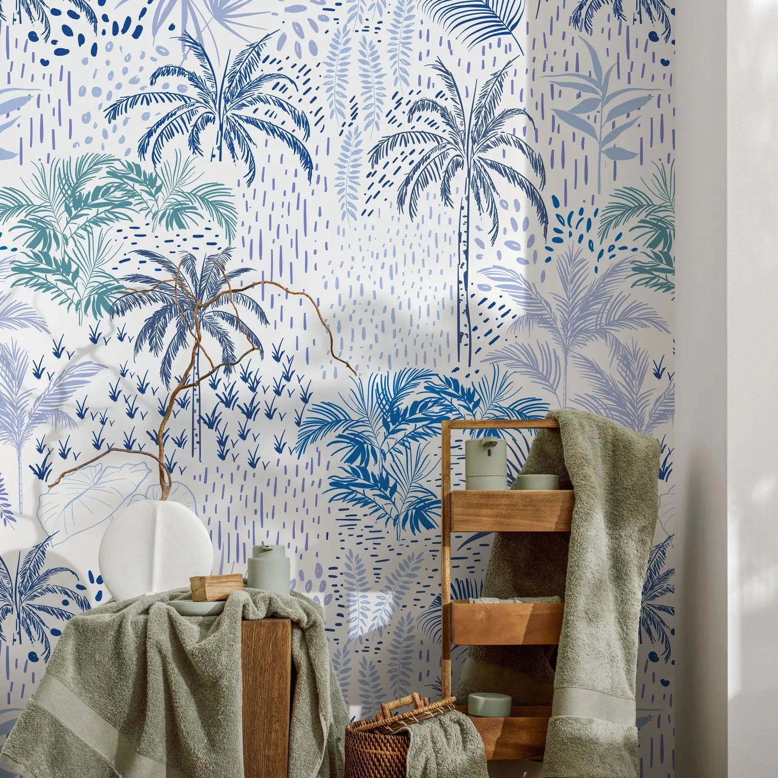 Coastal Palm Wallpaper Self-Adhesive, Easy to Install Clean Cut, Multi-Color Options for Living Room Bedroom Kitchen Bathroom Decor, Peel N Stick Wallpaper, Tropical Wallpaper