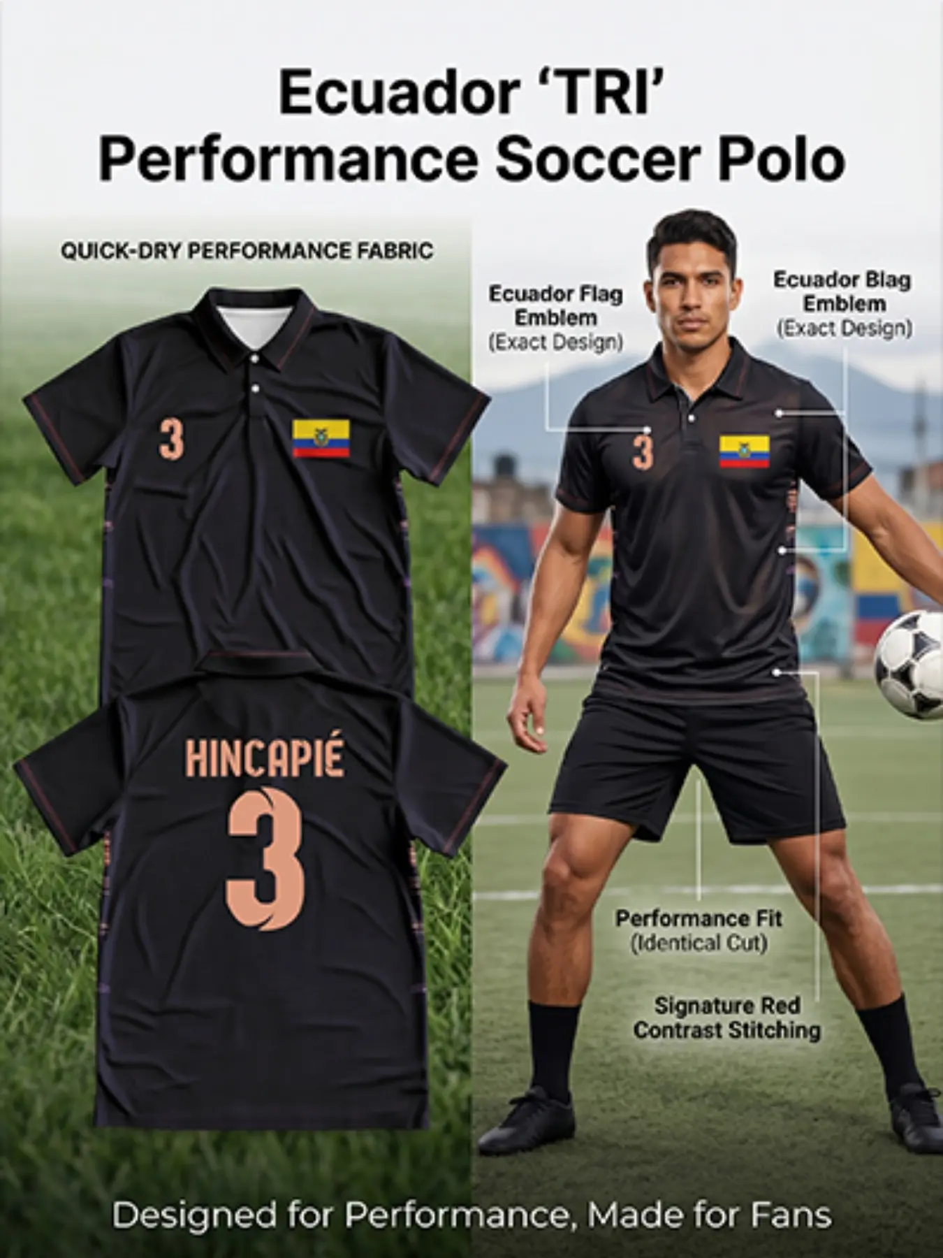 Ecuador 2026 Men's Football Polo Shirt, Black - Quick-drying, High-performance fabric training shirt, Soccer Training Jersey - Ecuadorian fan apparel - Slim fit T-shirt
