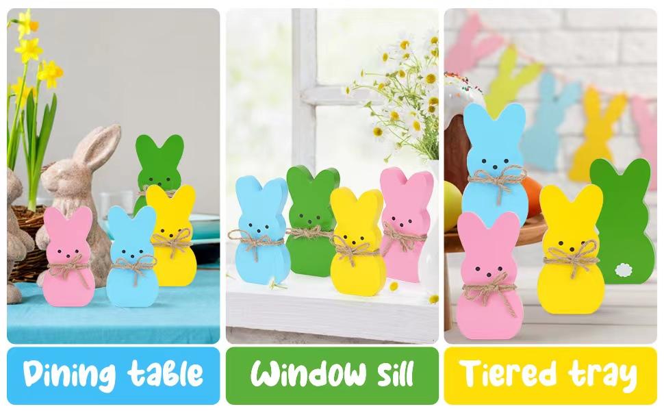 Easter Décor, 4 Pcs Bunny Table Decorations Wooden Spring Signs for Home, Wood Rabbit Tiered Tray/Mantal Décor for Farmhouse or Office Party Supplies