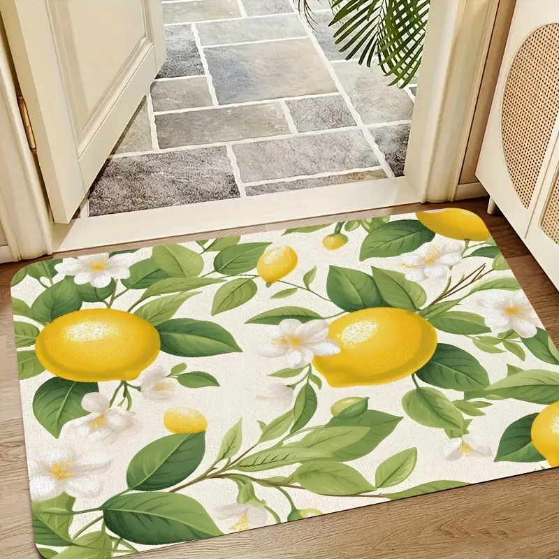 1pc Lemon & Floral Print Welcome Doormat - Washable Polyester Indoor/Outdoor Home Decorative Rug, Home Decor Rugs, with Vibrant Lemon & White Flower Design, Perfect for Entryway, Bathroom, Kitchen, Living Room