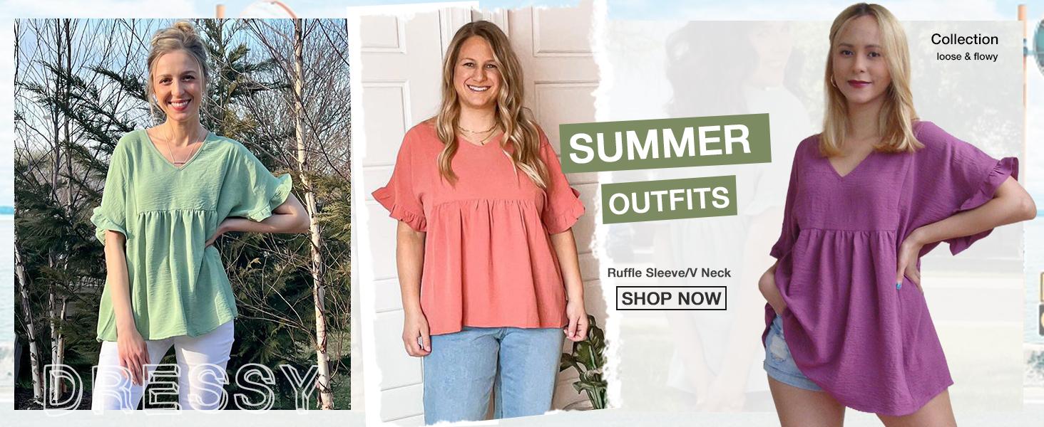 WIHOLL Womens Tops Casual V Neck Ruffle Sleeve T Shirts Babydoll Loose Fit Peplum Tops SpringStatements