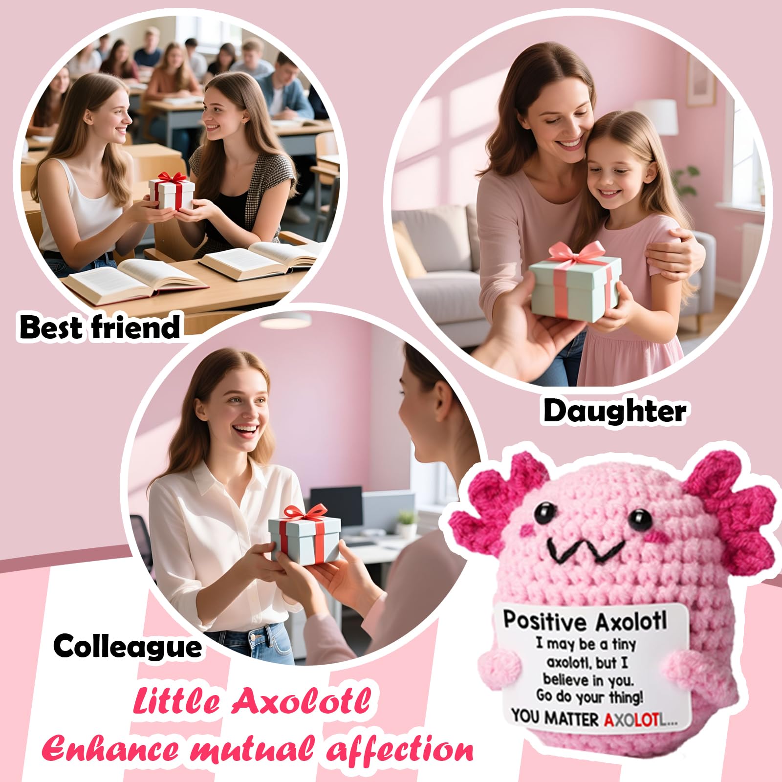 Handmade Crochet Axolotl Plush, Emotional Support Stuffed Animal, Cute Knit Salamander Toy with Soft Cotton Yarn, Anxiety Relief Companion, Portable Desk Decor, Birthday Gifts for Women & Men, Teacher Appreciation Present, Unique Home Ornament & Bag Charm