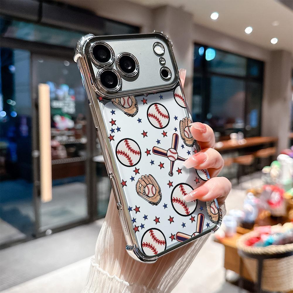 Phone Case for iPhone 17 Pro Max Air 16 15 14 13 12 11 Plus Baseball.Baseball gloves Pattern Four Corner Anti-Fall Phone Case Transparent Electroplated Protective Cover