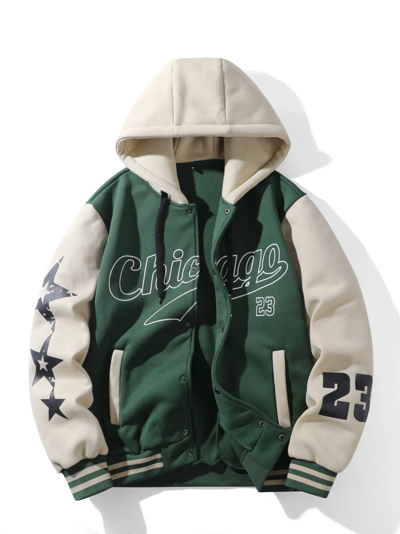 Men's Colorblock Baseball Hoodie, Chicago23 Letter Star Print, Button Closure Fleece Lining, Ribbed Sleeve, Loose Fit, Fall & Winter