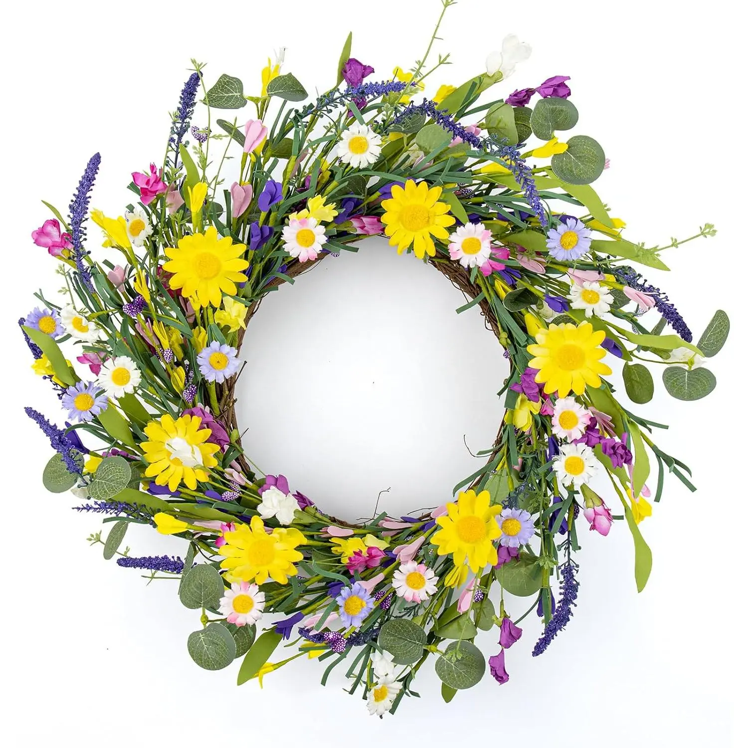 Artificial Spring Wreath Summer Wreaths for Front Door Floral Wreath with Daisy and Lavender for Indoor Outdoor Easter Celebration (18 Inch)