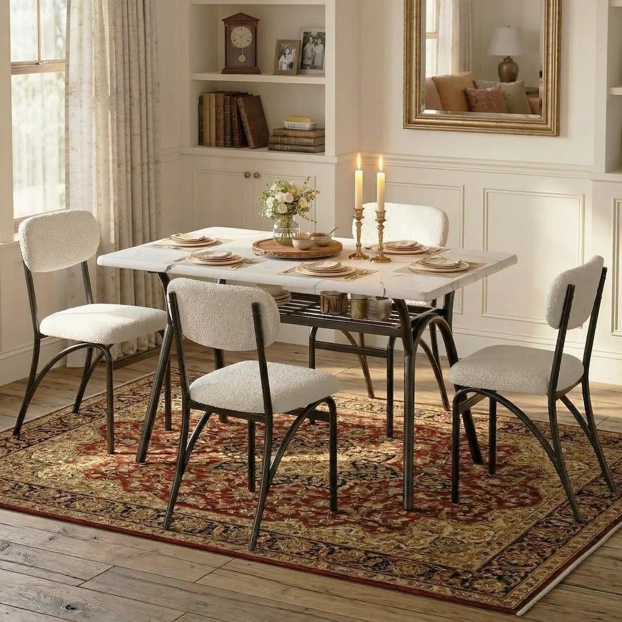 Contemporary 5-Piece Multi-Piece Set Dining Room Furniture, Rectangular Marble Top Faux Marble Table with Storage Shelf & 4 Boucle Upholstered Chairs, Ready-to-Go for Small Apartments, 300 Lbs