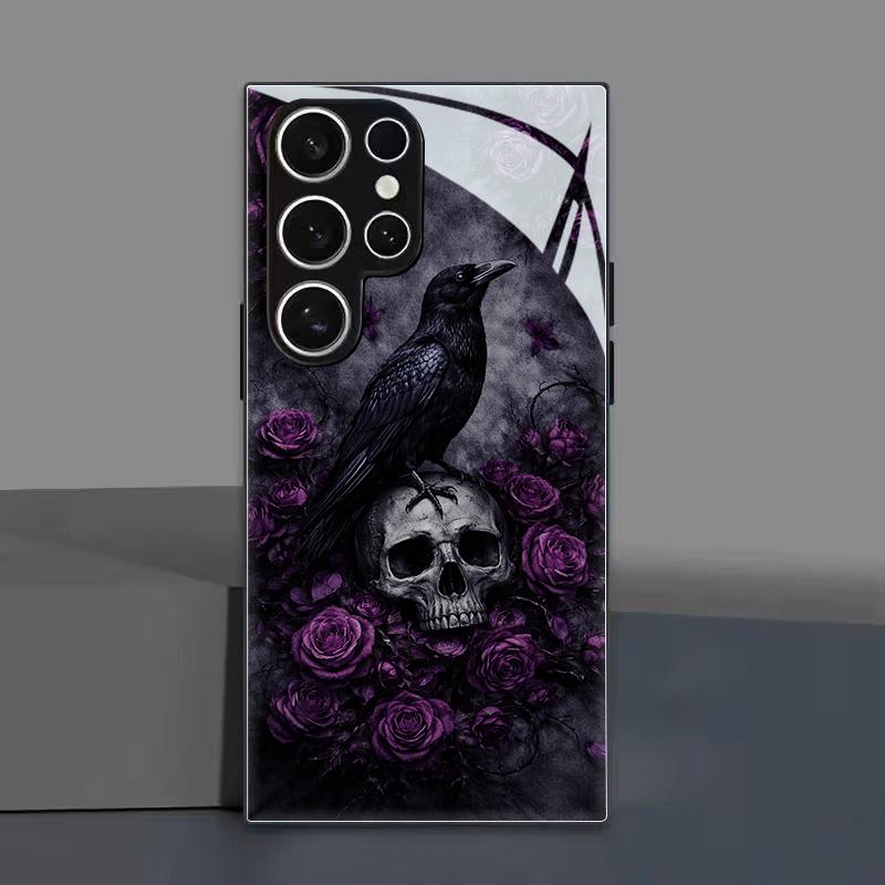 A Phone Case Made of Black Tempered Glass Featuring a Raven Skull And Purple Roses, Embodying a Gothic And Mysterious Dark Fantasy Style for Samsung Galaxy S26 S25 S24 S23 S22Pro S21 S20 Fe Plus Ultra Pro A56 A55 A54 A53 A52 A51 A36 A35 A34 A32 A26 A25