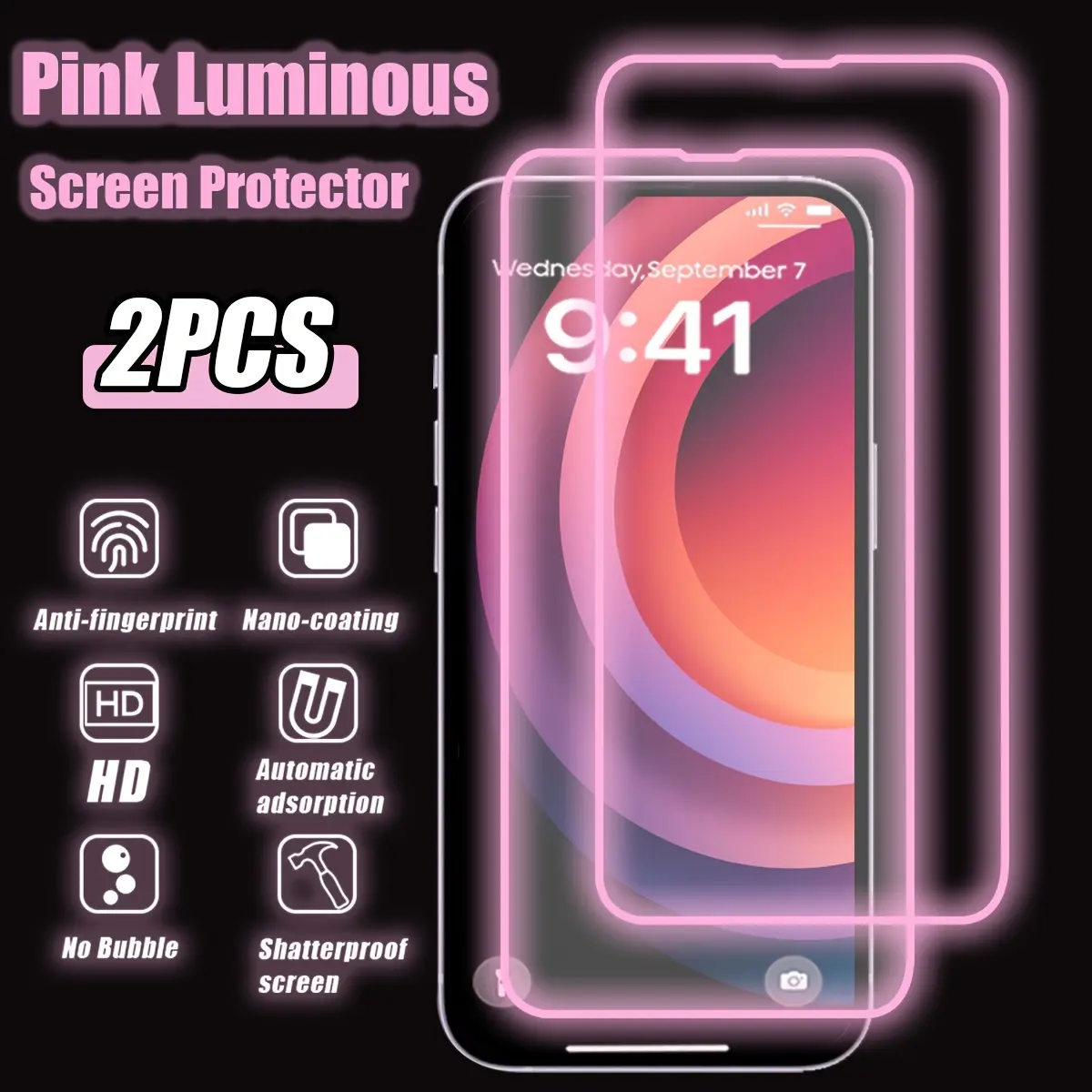 2-Pack Pink Luminous HD Tempered Glass Phone Screen Protectors, Automatic Light-Absorbing, Colored Edge, Shatterproof, Anti-Scratch, Glossy Surface, Full Coverage Accessories, Compatible with iPhone 11-17 Full Series Including 16 Pro Max,17 Pro Max, 2 Pie