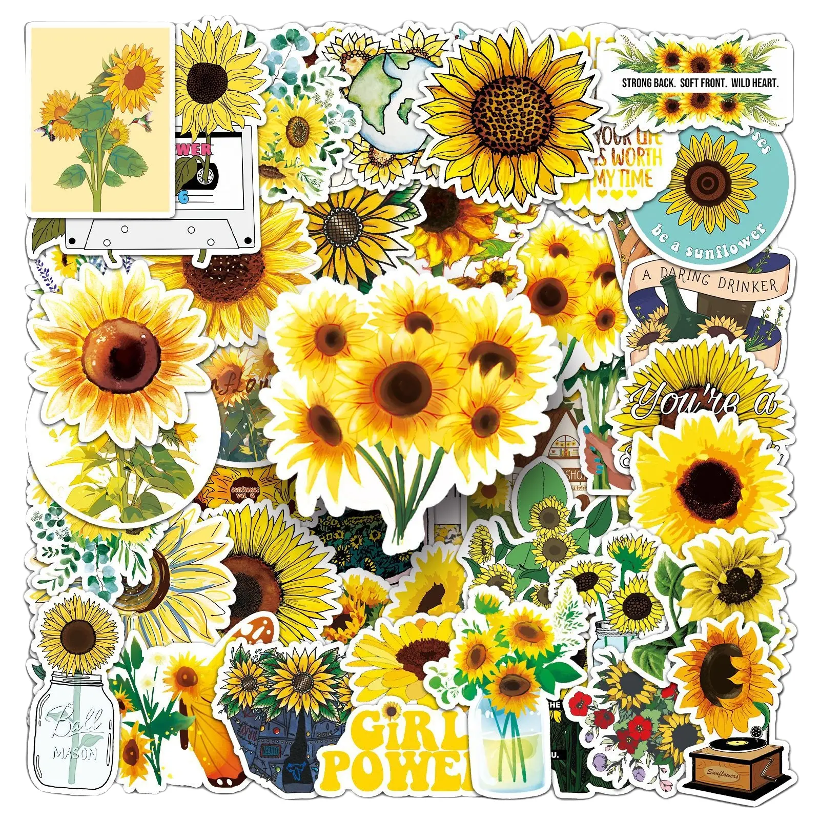 50Pcs Sunflower Floral Stickers | Cartoon Decals with Positive Quotes for Decor & Gifts Vehicle Decor Car Decorative Sticker #SunflowerStickers #FloralStickers #CartoonStickers #FaithStickers #PositiveVibes #JournalStickers #WaterBottleDecals #CarStickers