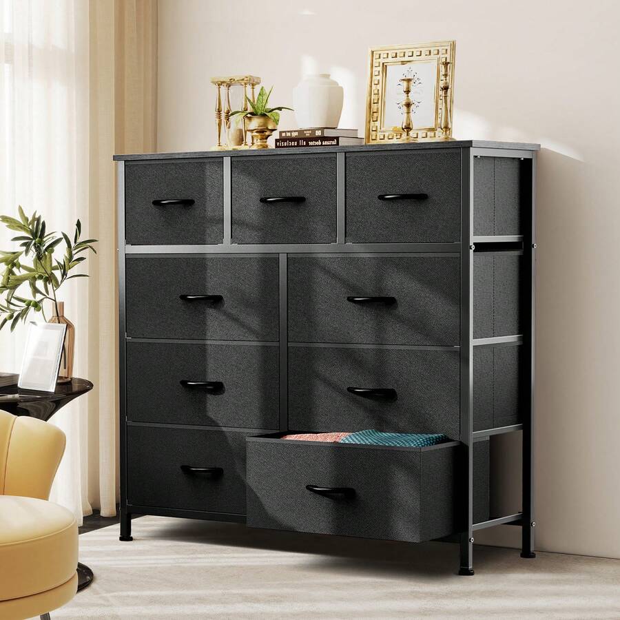 Tall 9-Drawer Fabric Storage Cabinet, Wood Top Surface Table Chest, Grid Cabinet & Fabric Storage Tower, Steel Frame, Easy Pull Handle, Charcoal, Perfect for Bedroom, Hallway, Entryway, Closet