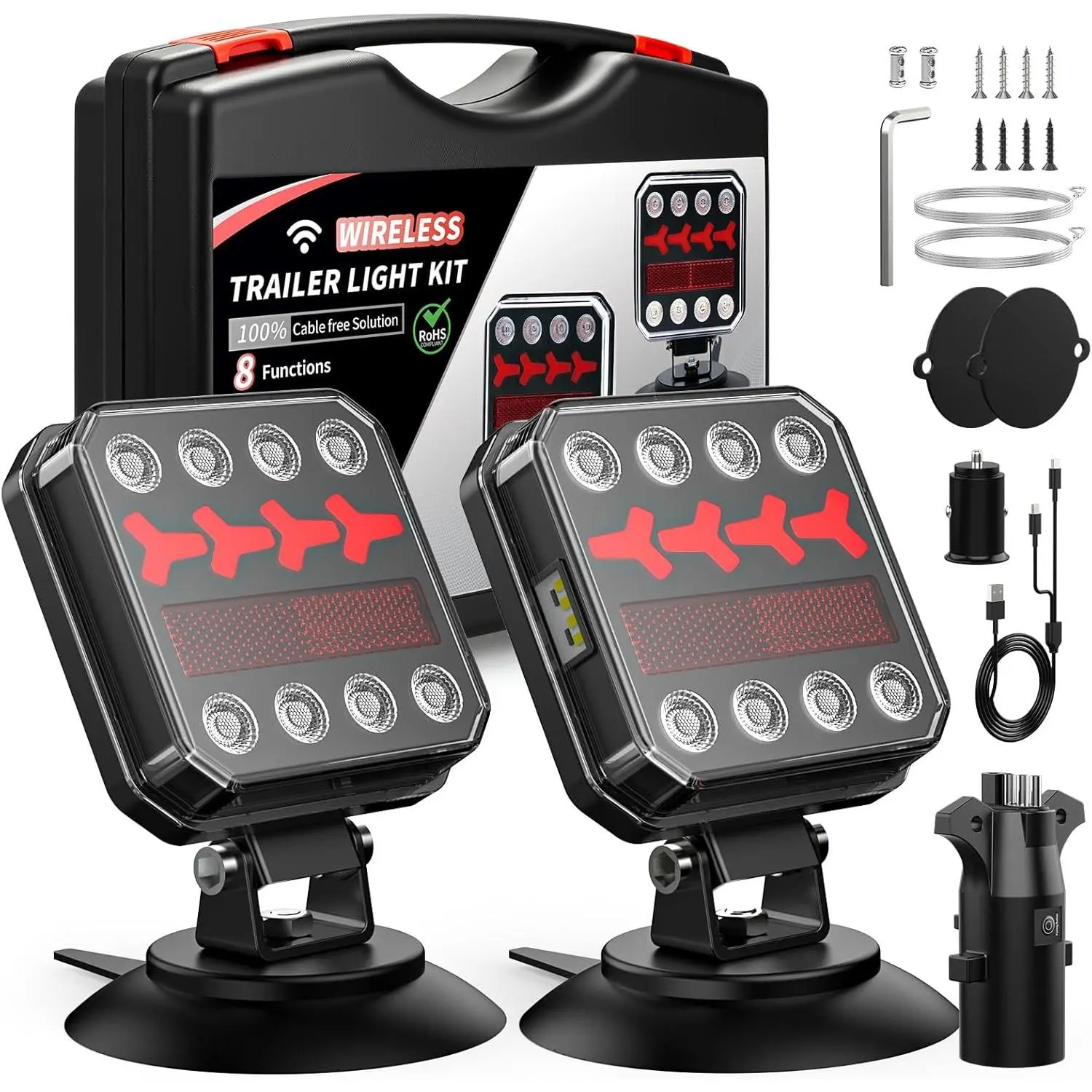 Wireless Bluetooth Magnetic Trailer Lights, Fast Charging LED Trailer Light Kit, IP65 Waterproof,10H Battery, 100FT Range for Trailer,Truck, RV, Camper,Boat – Brake,Turn,Reverse & Hazard Safety Lights
