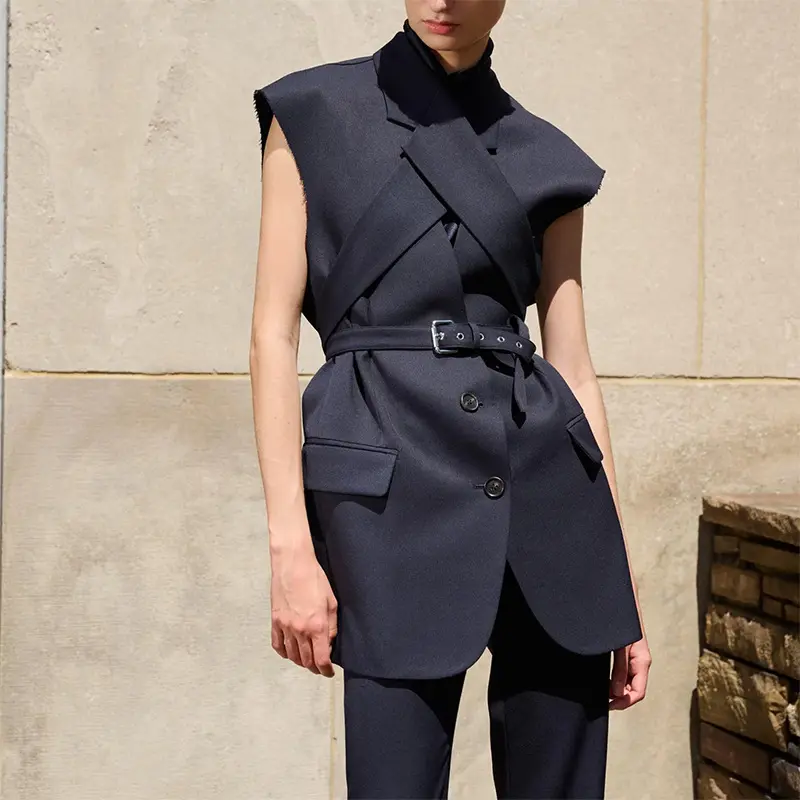Elegant Solid Sleeveless Blazer for Women, Designer Outerwear with Lapel Collar and Waist Belt, Available in Junior Sizes, Blazer Coat, Clothes