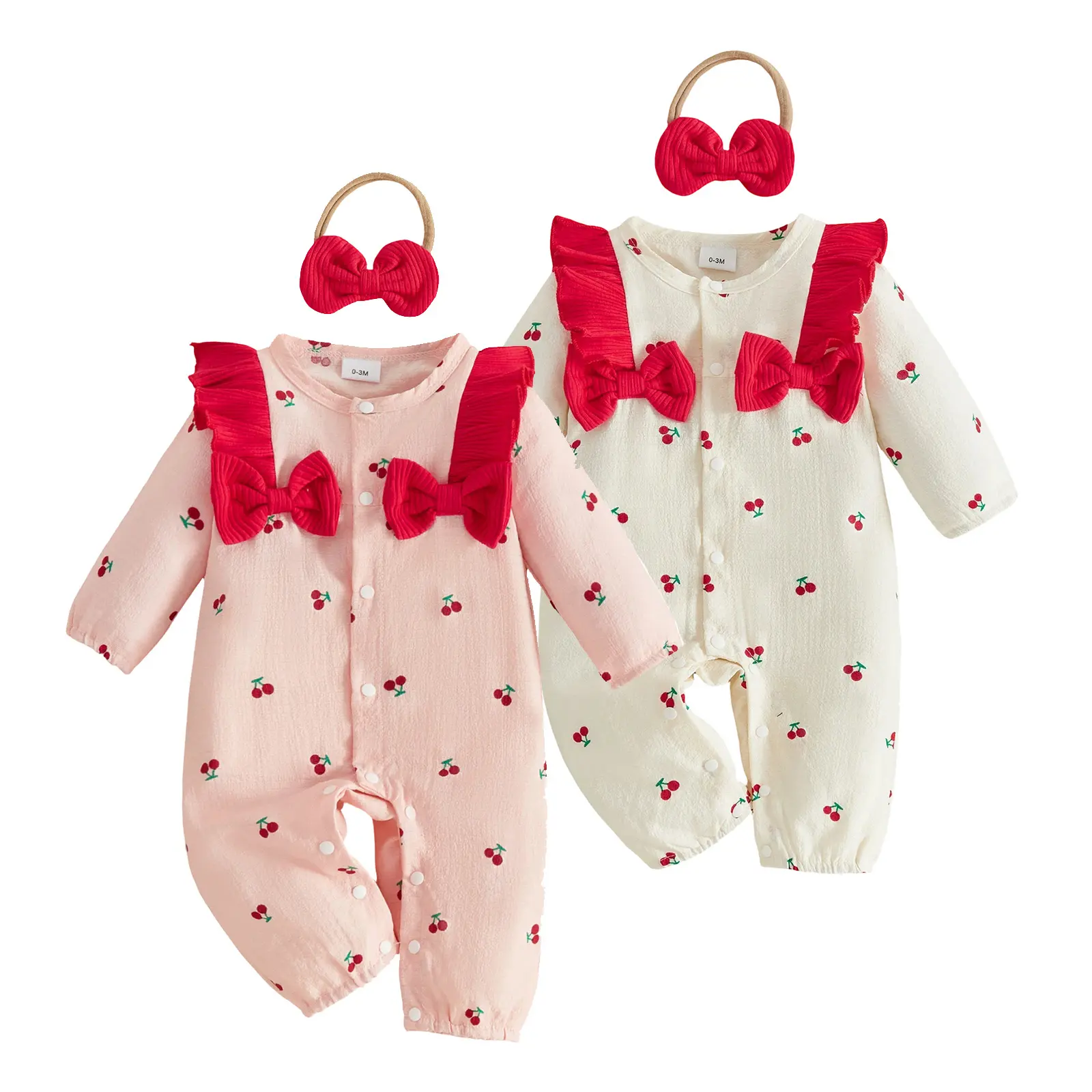 Infant Baby Girl Fall Outfits Crew Neck Cherry Long Sleeve Romper and Bow Headband 2Pcs 0-18 Months