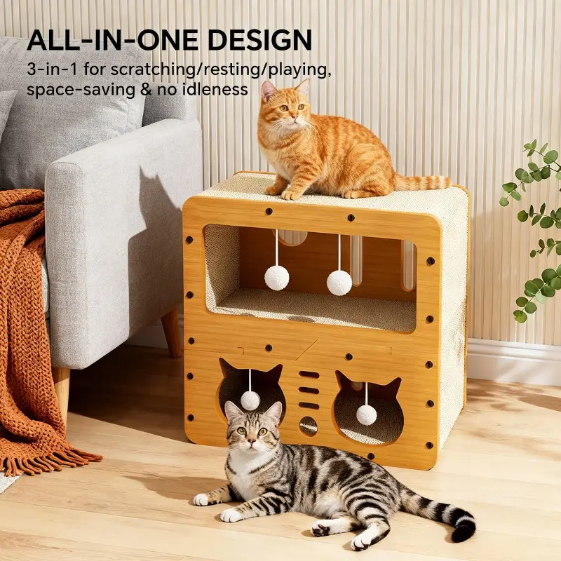 45cm Double Layer Double Cat Head Cat Scratcher Sofa, With 4 Teaser Balls, Wood -Corrugated Scratcher, Cat Claw Care & Resting Toy