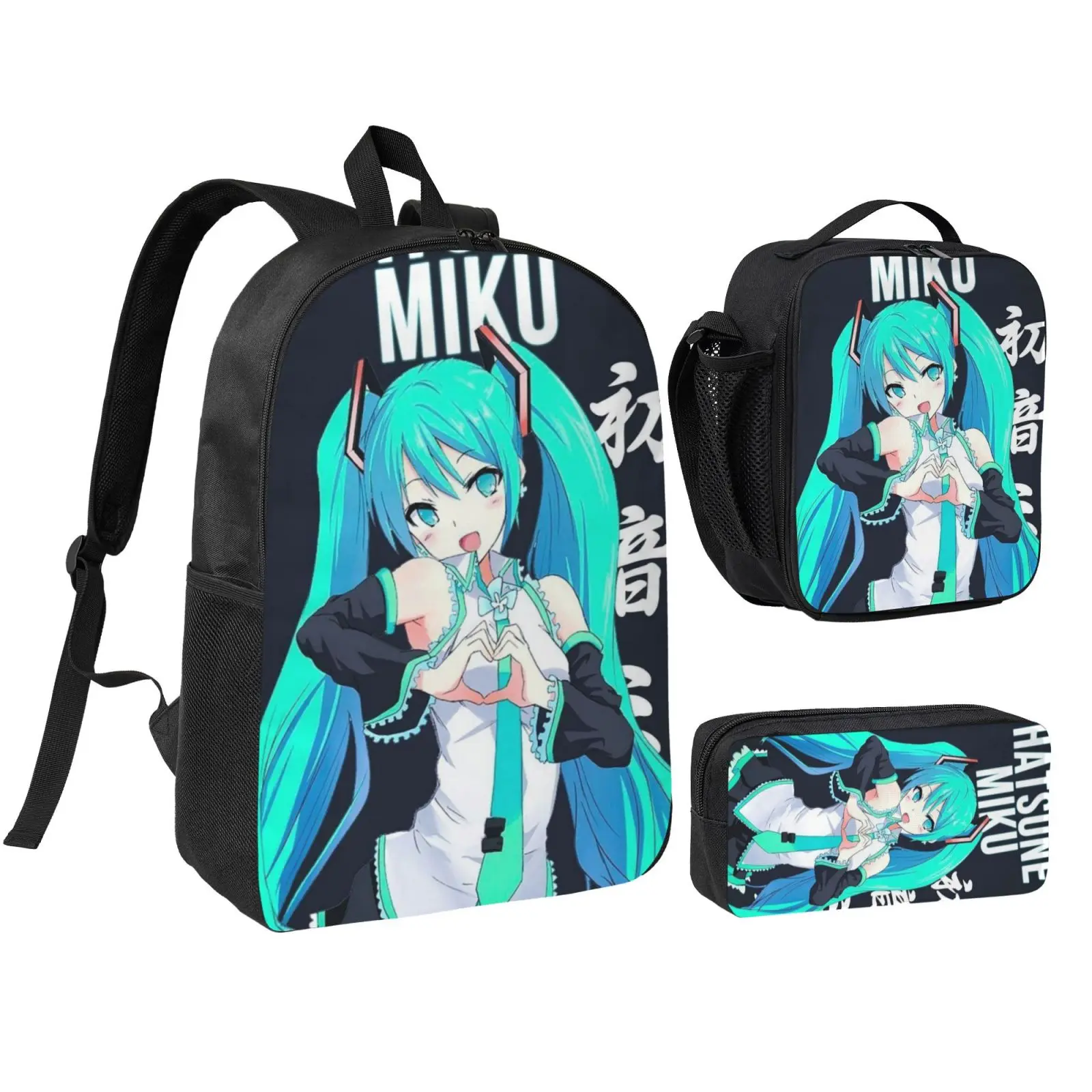 Anime Miku2 Graphic 3-Pcs Kids' School Backpack Set with Foam Inserts, Adjustable Straps, Insulated Lunch Bag, Zip Pencil Case - Lightweight Christmas Gifts for Teens, Ideal for Parties