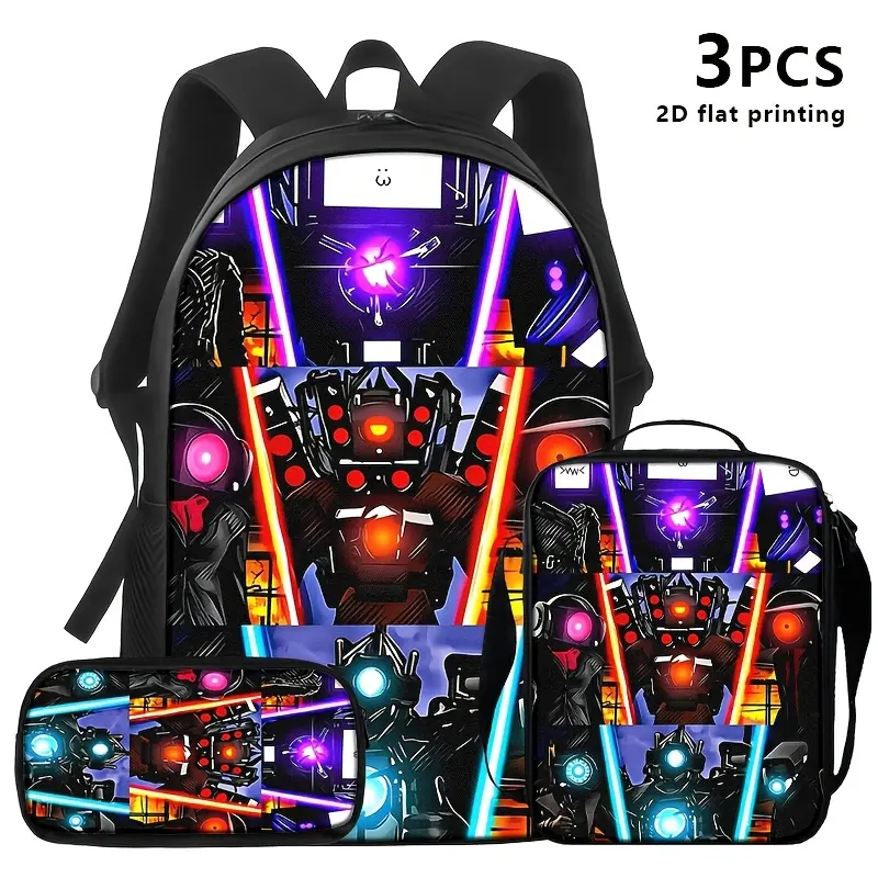 Durable Water Resistant 3-Piece Kids Backpack Set, School Backpack + Lunch Bag + Pencil Case, Skibidi Toilet Titan Speaker Man Titan Camera Man Neon Laser Grid Anime Print, 600D Oxford, Breathable Straps