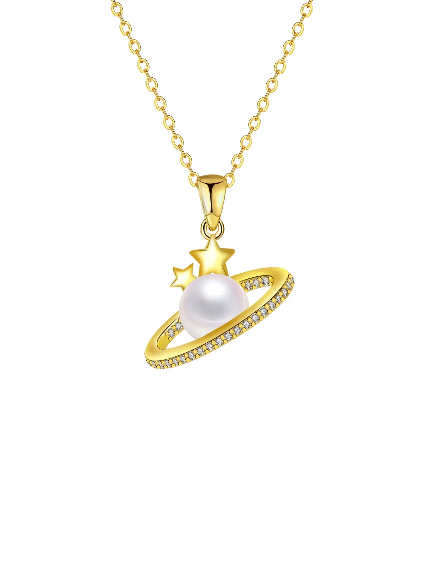 18k Star Planet Necklace, Freshwater Pearl & Zircon Stars, Space Theme Jewelry for Women, Perfect Gift, Celestial Pendant Necklace