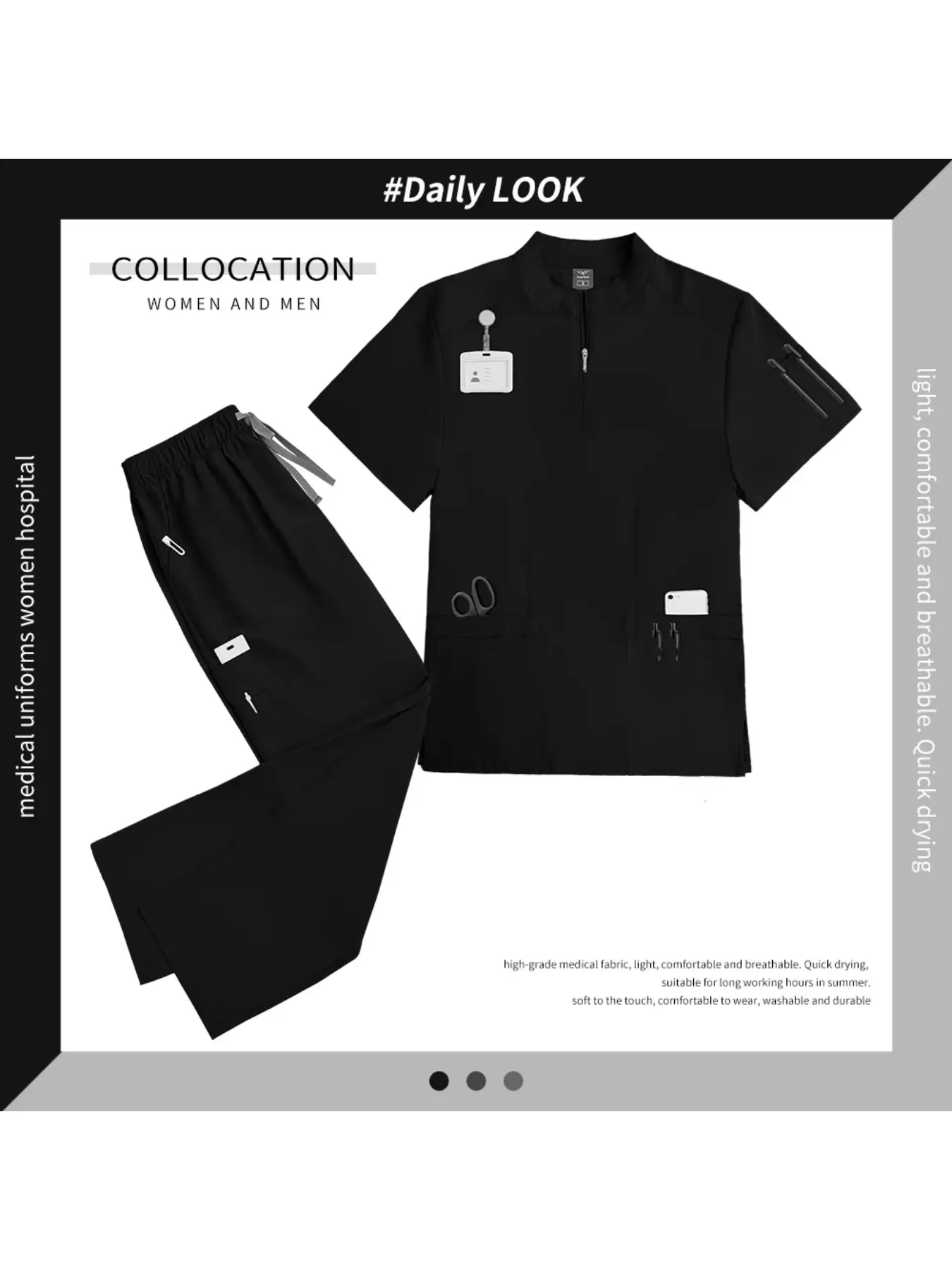 Practical Zip Stand Collar Staff Uniform With Front Zipper Closure Comfort Two Piece Top & Pant Suit Available for Male and Female Salon and Wellness Center Daily Working Wear