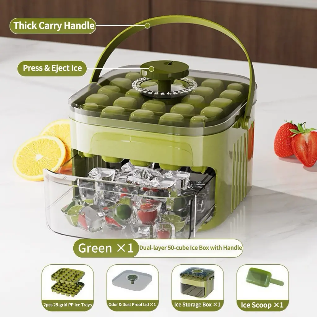 Thick Handheld Heavy Duty Ice Cube Tray, 50-Cube Mold with Dust Cover and Scoop, Kitchen Refrigerator Essential, Dura Ice Cube Tray, Ice Molds
