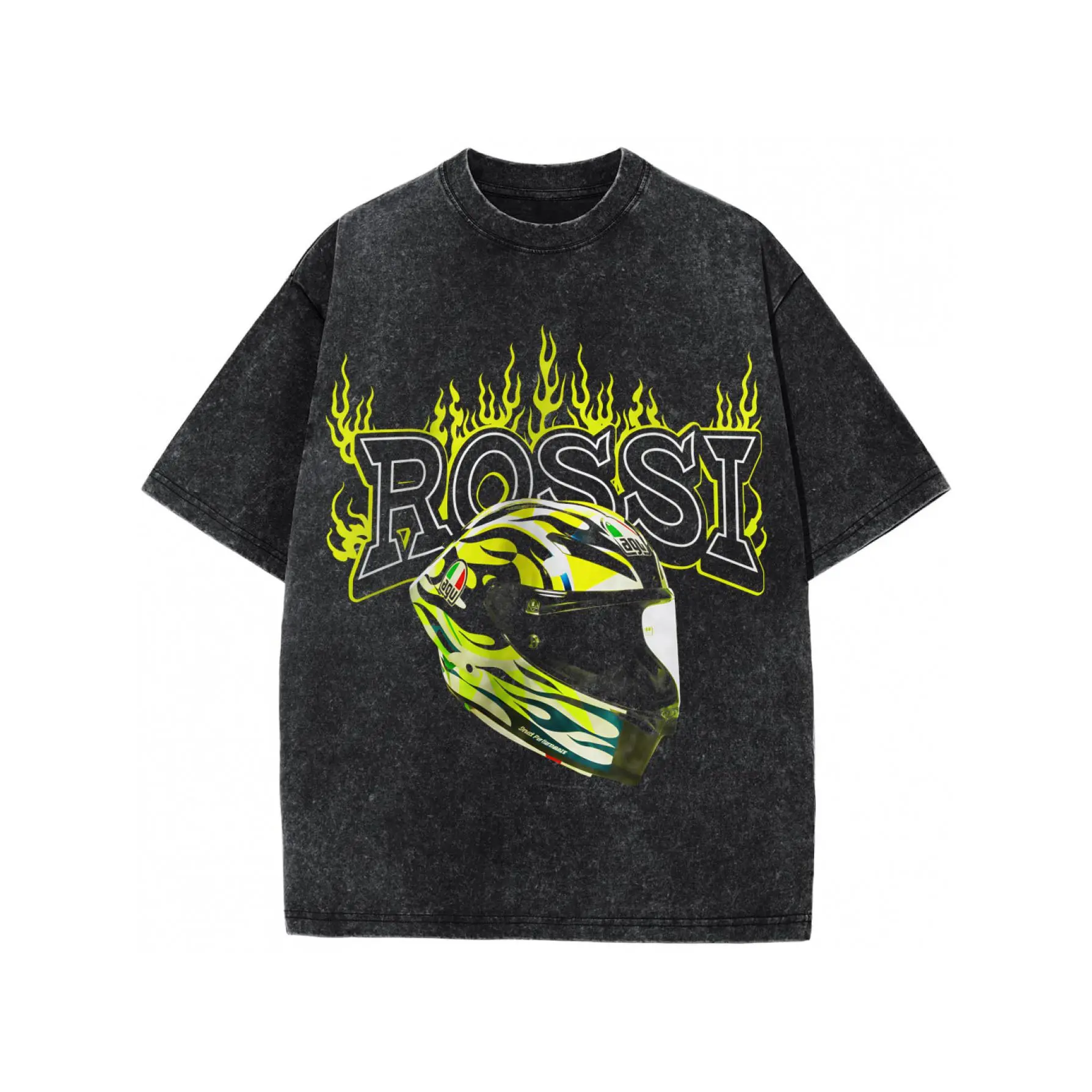 Men Vintage Acid Washed T Shirt Rossi Motorcycle Helmet Neon Flame Graphic Short Sleeve Crew Neck Knit Pullover Regular Fit Slight Stretch Casual Tee Viral TikTok Men’s Tops Spring Summer Fall Machine Washable Distressed Tee