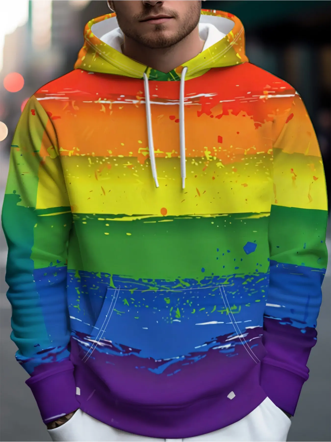 Men's Rainbow Hoodie - Bold Gradient Splash Print Fashion Sweatshirt