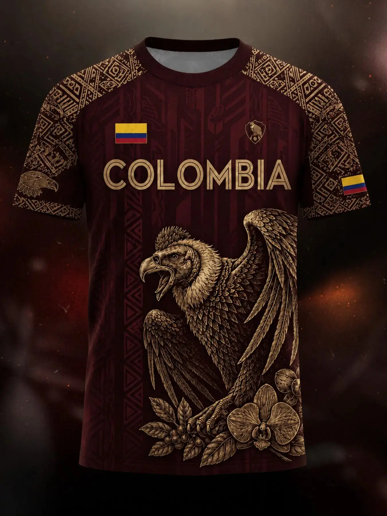 Men's Columbia Theme T-Shirt, Vintage Gold Eagle Print, Round Neck, Casual Long Sleeve, Three Color Options, Daily Wear
