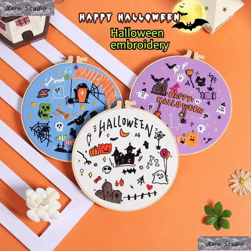European 3D Embroidery Kit for Beginners, Pumpkin Ghost Cross Stitch Craft for Halloween, DIY Set with Plastic Hoop and Supplies, 3D European Style, Stylish Embroidery Kit, Hand Embroidery Kit