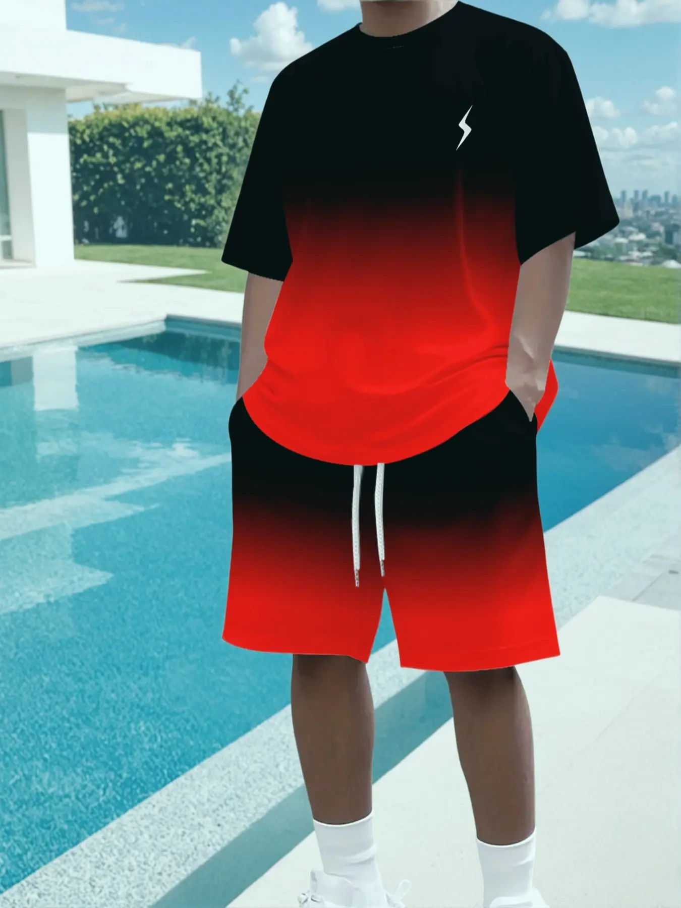 Men's street sports two-piece set, low-key lightning symbol print, breathable fabric suitable for walking, playing in the water and traveling
