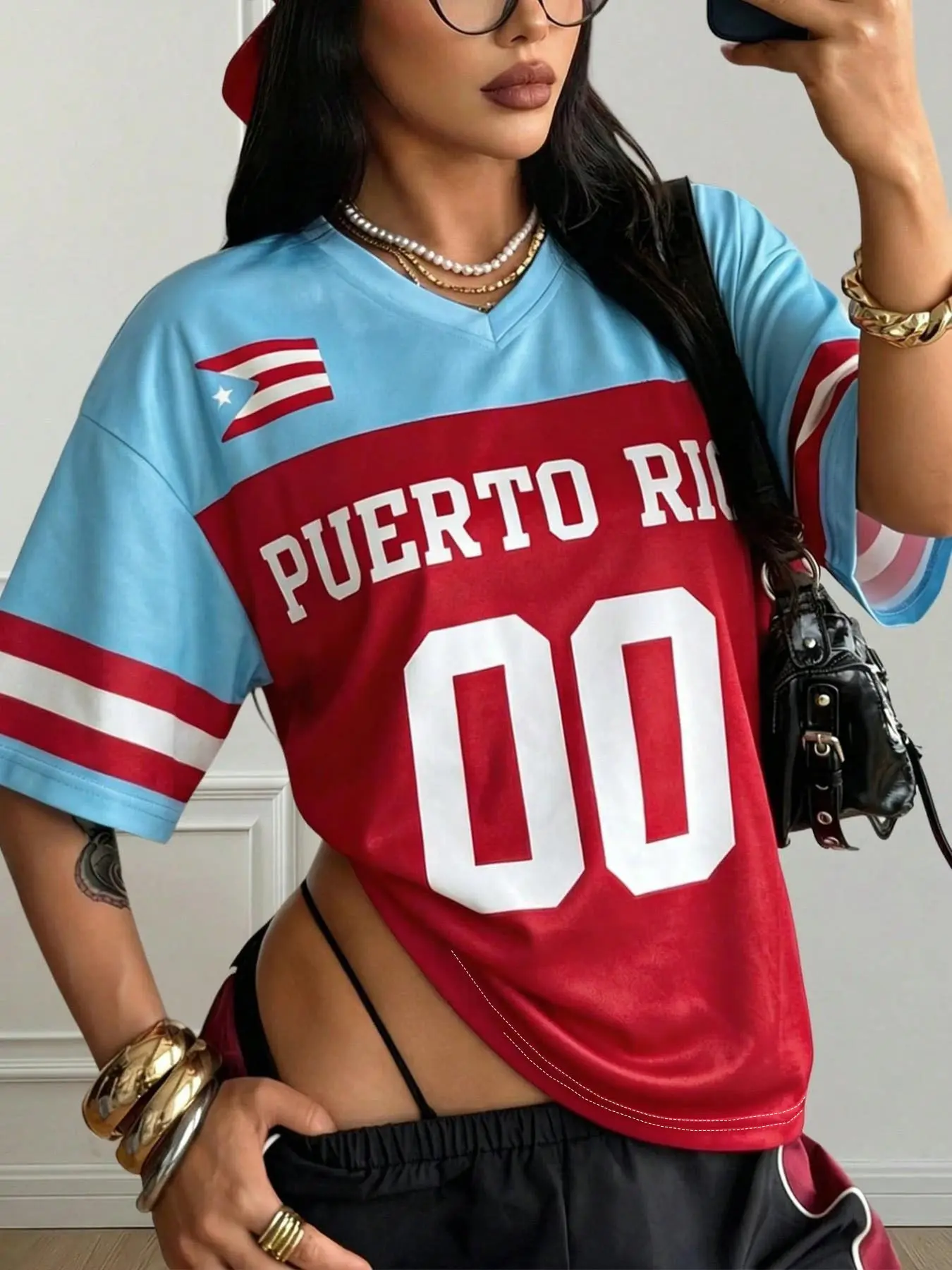 Women's Puerto Rico Soccer Jersey, Y2K Streetwear Tee, Loose Breathable All-Over Print Athletic Top