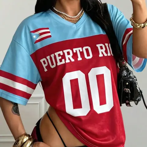 Women's Puerto Rico Soccer Jersey, Y2K Streetwear Tee, Loose Breathable All-Over Print Athletic Top, Graphic Athletic Top