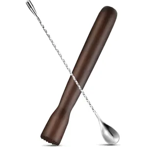Patelai Wooden Cocktail Drinks Muddler Bar Muddler and 12 Inches Bar Spoon Stainless Steel Shaker Spiral Mixing Spoon for Making Cocktails Mojito Lemonade Drinks Juice