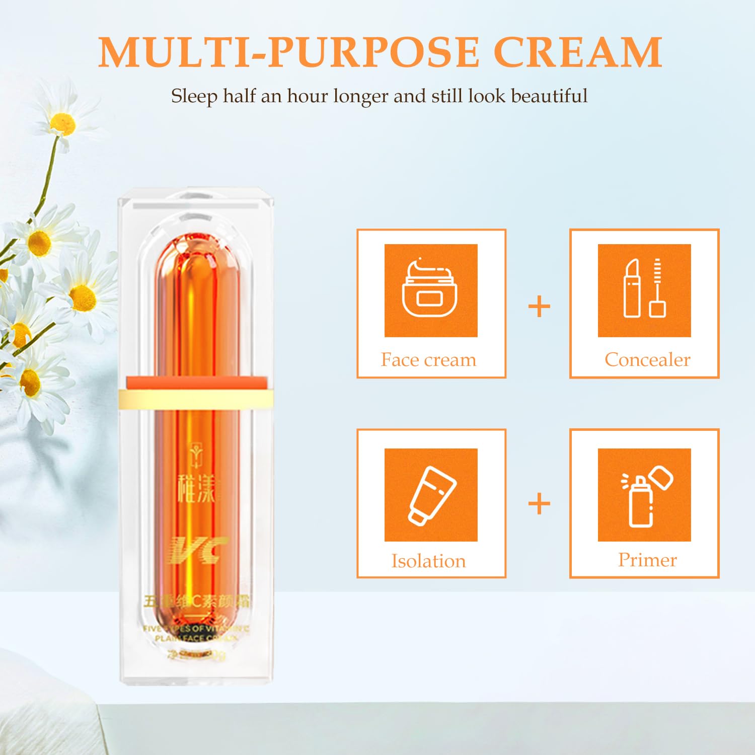 5 Vitamin C Makeup Cream, Lightweight Moisturizing Formula for Breathable Hydration, Smooth Pore Minimizing Care