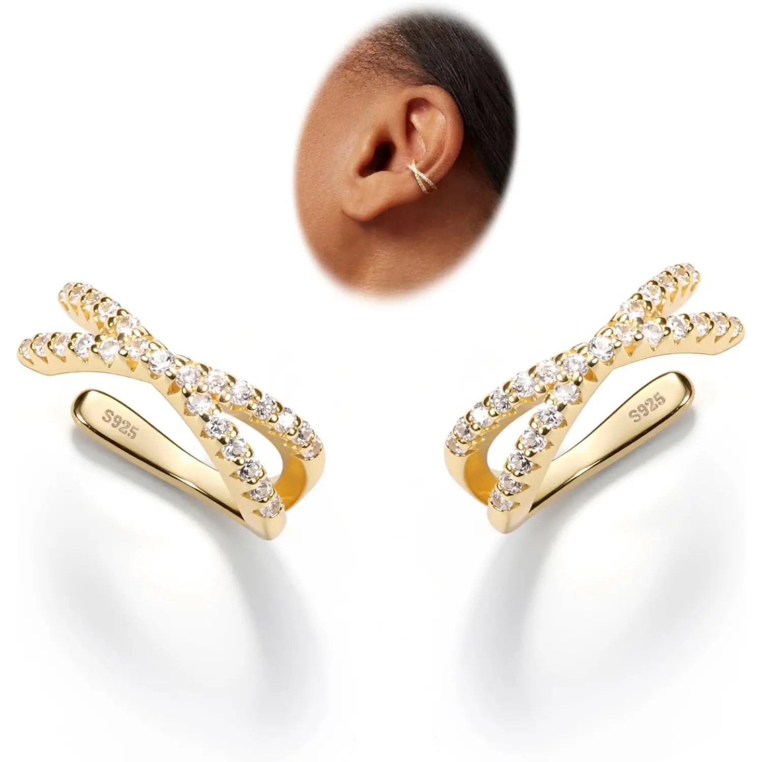 KRFY 2Pcs Ear Cuff Earrings for Women • 925 Sterling Silver Non Piercing Cartilage Ear Cuffs • CZ Clip On Helix Conch Fake Piercing Jewelry