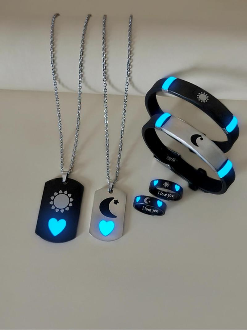 Couple Necklace & Bracelet & Ring Set, Fashion Jewelry for Party, Daily Clothing Decor, Trendy All-match & Exquisite Jewelry for Birthday Gift