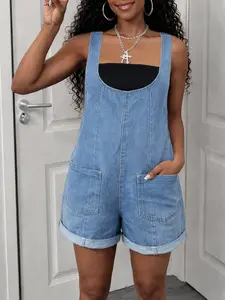 Light Blue Rolled Hem Wide Leg Denim Jumpsuit, U-Neck Large Pockets, Loose-Fit Casual Short Jumpsuit, All Seasons Wear