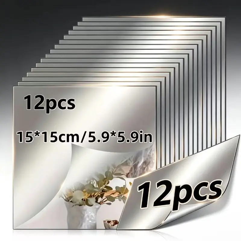 12Pcs Square Acrylic Mirror Tiles,15x15cm Frameless Self-Adhesive Mirror Stickers, DIY Splicable Decor Wall Mirror, No Drill, Wall Art Decor for Bathroom Bedroom Living Room, Unique Wall Decor