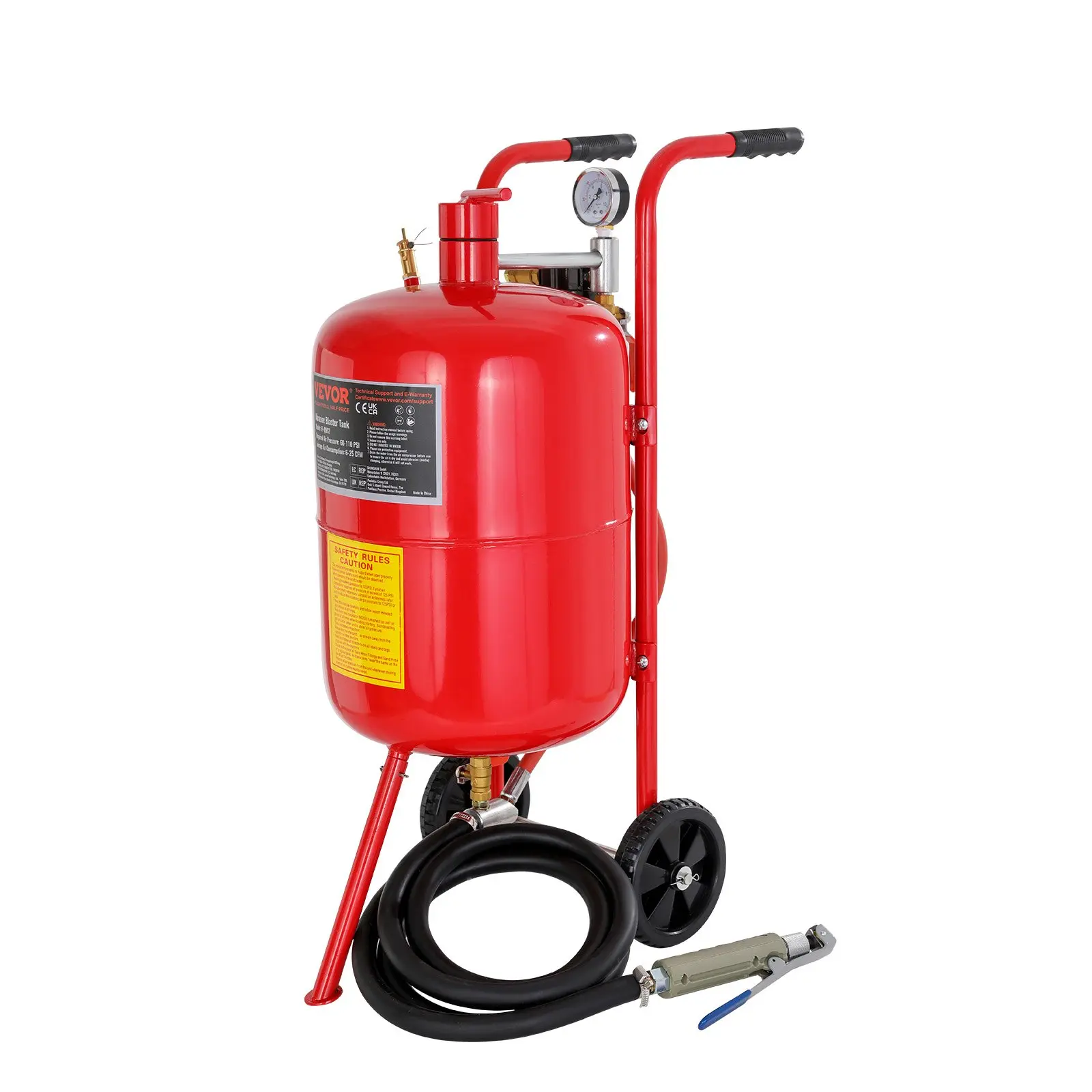 VEVOR Portable Sand Blasting Machine - 10Gal/40L Grit Sandblaster with Nozzle Shut-Off Valve, Pressure Gauge, Ceramic Nozzle, 2.5m Hose, Filling Funnel, Watertrap, 6" Rubber Wheels for Rust Removal, Car Maintenance