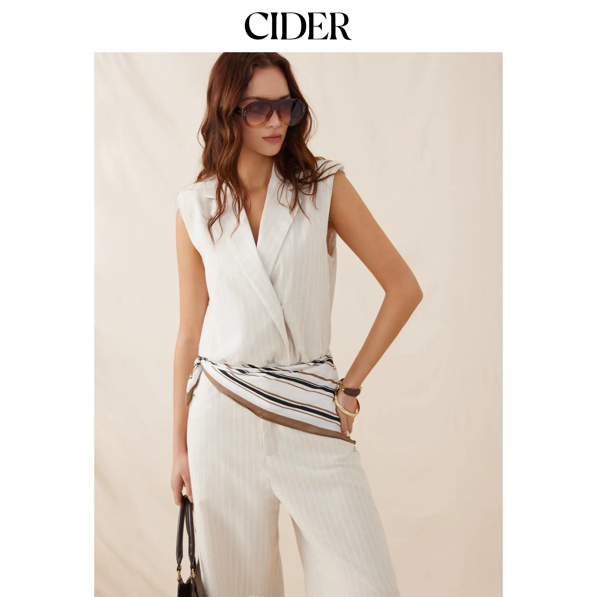 Cider Linen-blend Striped Notched Collar Sleeveless Blouse Bodysuit