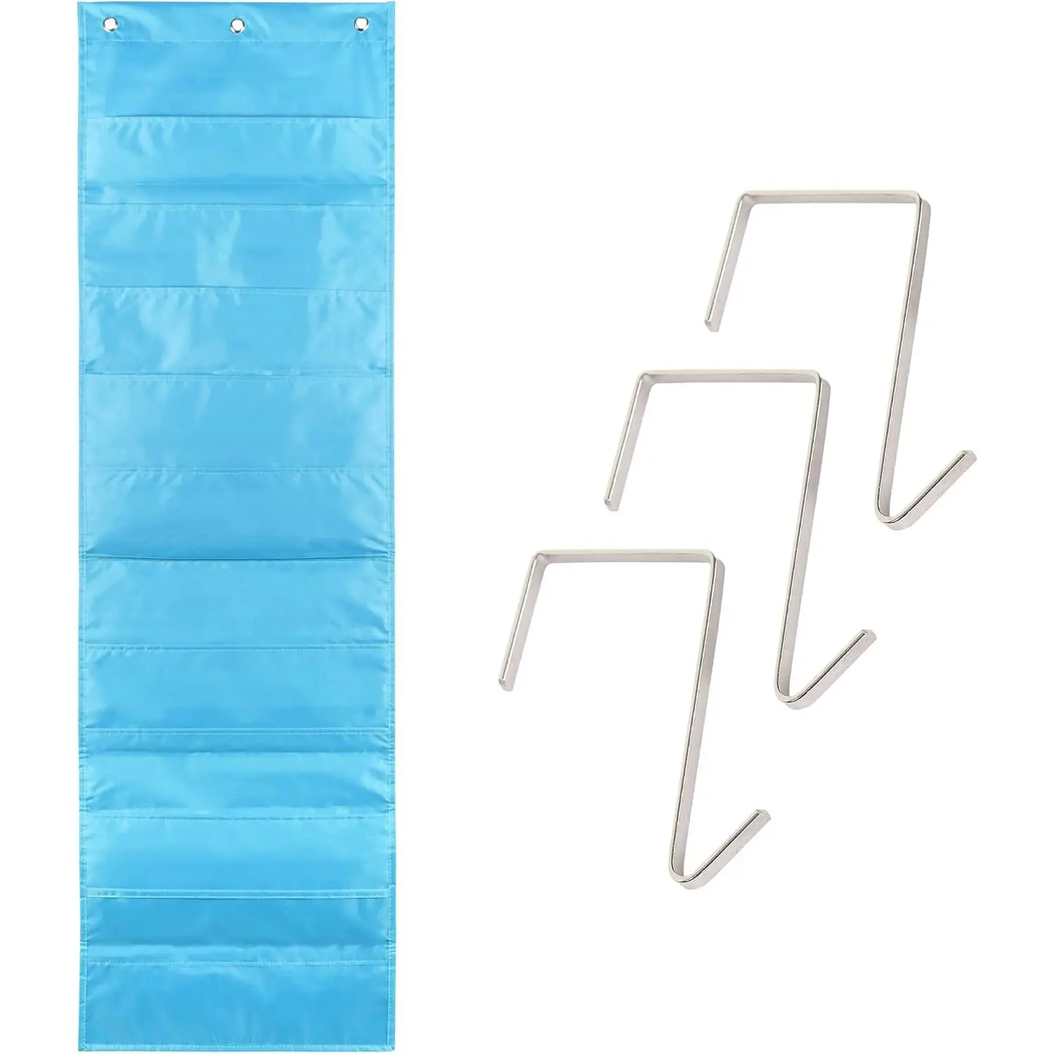 Storage Pocket Chart for Classroom, 10 Pocket Storage Organizer with 3 Over-Door Hangers,  Wall Organizer for File Folders, School Mailbox,  Office Papers - Clear Blue