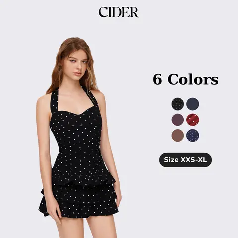 Cider Halter Mini Dress with Ruched Detail – Polka Dot Layered Dress for Women, Flattering Fit Hides Tummy, Casual Womenswear Perfect for Date Nights & Spring Parties