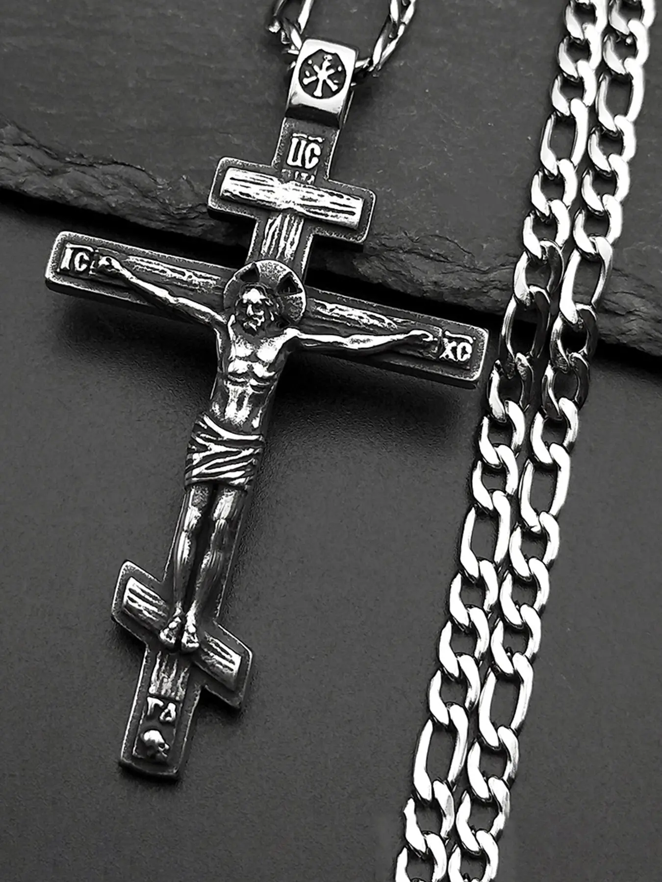 Vintage Orthodox Jesus Cross Pendant Necklace for Women Men Silver Color Stainless Steel Crucifix Baptism Hip Hop Chain Casual Style Necklaces