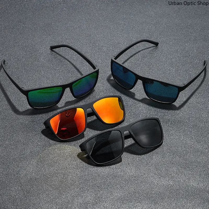 XUH 4-Pack Classic Square Nylon Sunglasses for Adults, Textured Black Frame, Mirrored Reflective Lenses, Casual Sport Eyewear for Driving & Outdoor Wear