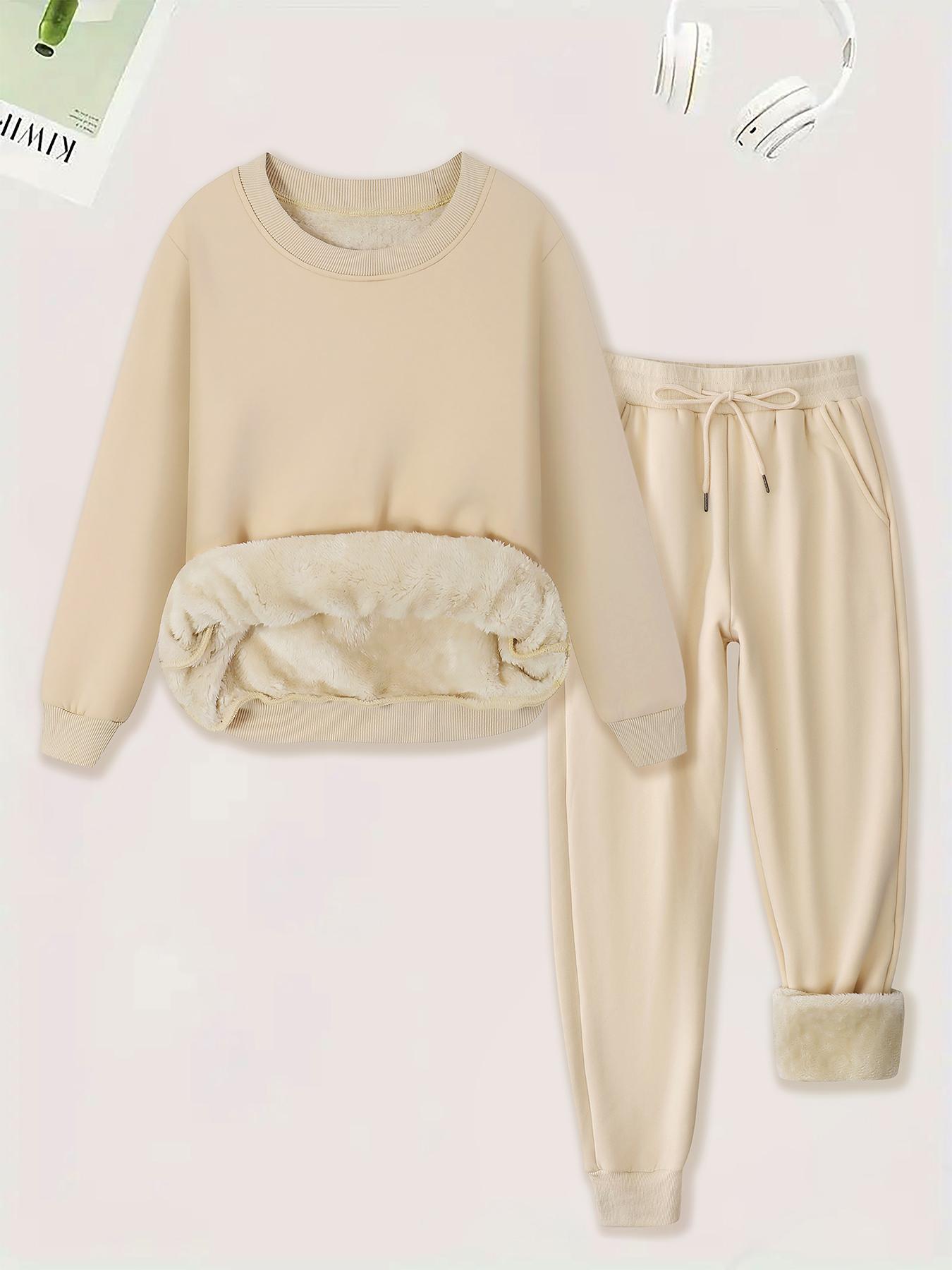 Women's Plain Soft Plush Lined Sweatshirt & Drawstring Waist Sweatpants Two-piece Set, Basic Casual Fitted Round Neck Long Sleeve Pullover & Pocket Jogger Pants, Women's Two-piece Outfits for Winter Womenswear