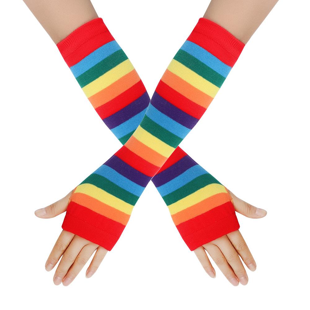 Rainbow Knitted Gloves Colorful Striped Long Sleeves Soft Stretchy Warm Handwear LGBTQ+ Pride Month Essential Vibrant Striped Knit Mitts for European & American Pride Parade Music Festival Holiday Party Cosplay Daily Casual Wear Lightweight Durable Fashio