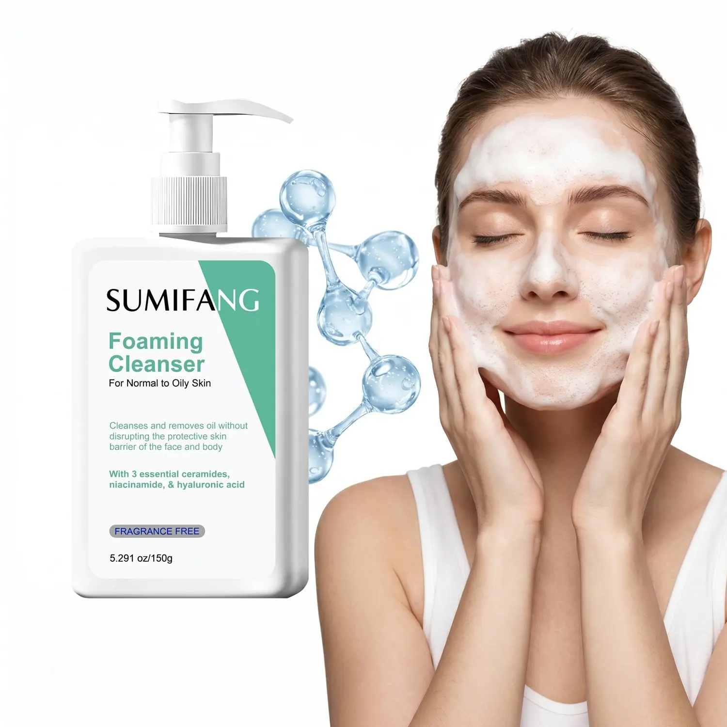 Foam Cleanser, Facial Wash for Neutral to Oily Skin, Mousse Cleanser, Removes Oil, Contains Niacinamide, Hyaluronic Acid, Fragrance-Free, 5.291oz/150g