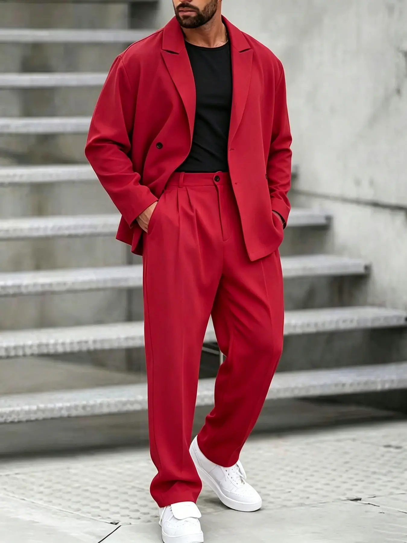 Men's suit set featuring a relaxed, casual fit—perfect for a streetwear look. Available in multiple colors, it is made from lightweight, breathable fabric and is versatile enough for all seasons.