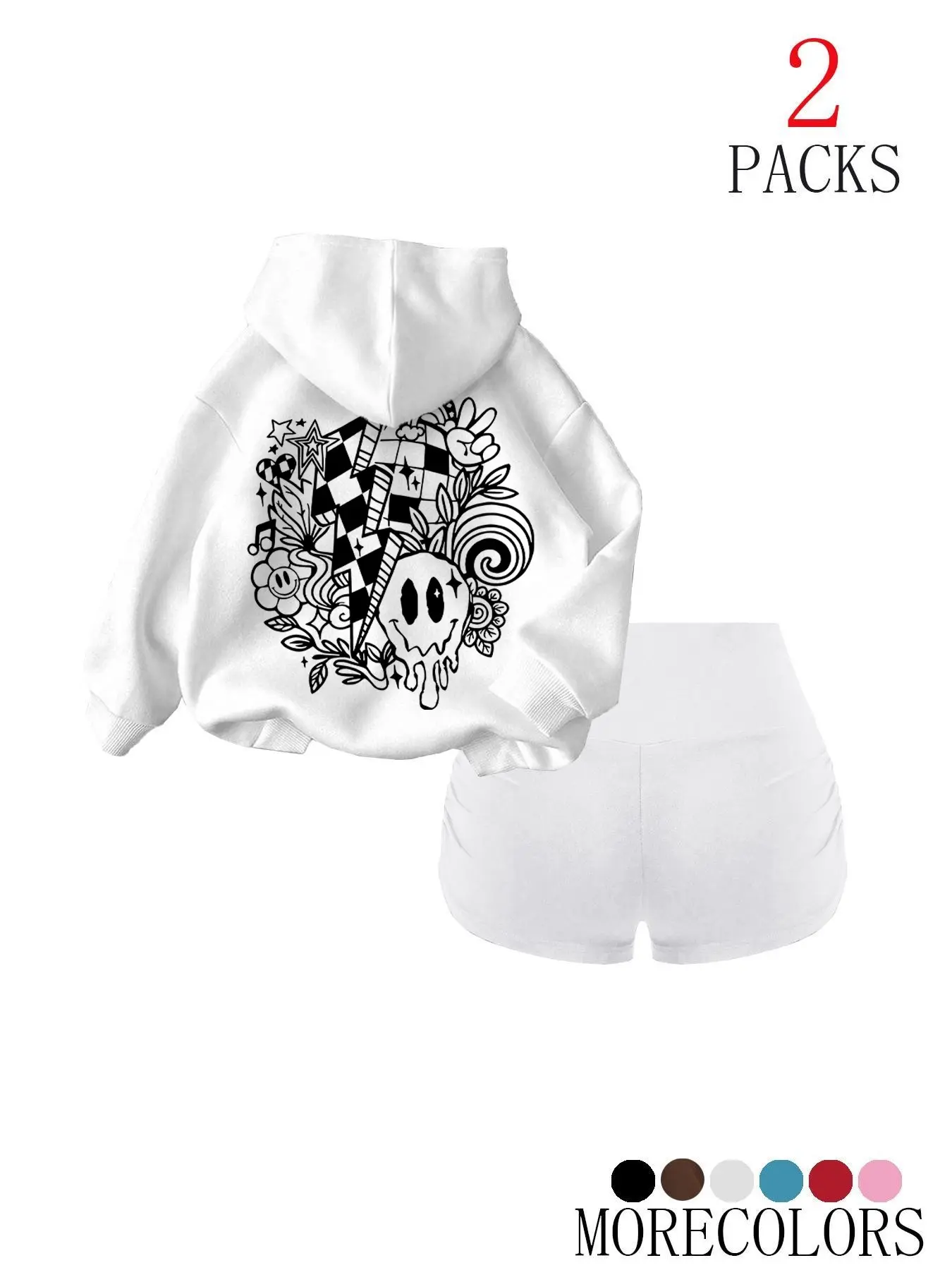 Women Y2K Gothic 2 Piece Outfit Set, Dripping Smiley Graffiti Print Back Hoodie And High Waist Biker Shorts, American Streetwear Checkered Lightning Pattern Long Sleeve Hooded Sweatshirt Matching Short Pants Loungewear Tracksuit For Daily Street Party