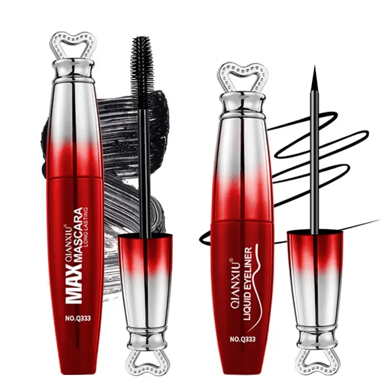 2 In 1 Mascara and Eyeliner Set Waterproof Smudgeproof Long Lasting, Red Silver Gradient Heart Cap Volumizing Mascara & Precision Liquid Eye Liner Pen Kit, Ideal Eye Makeup Cosmetics
